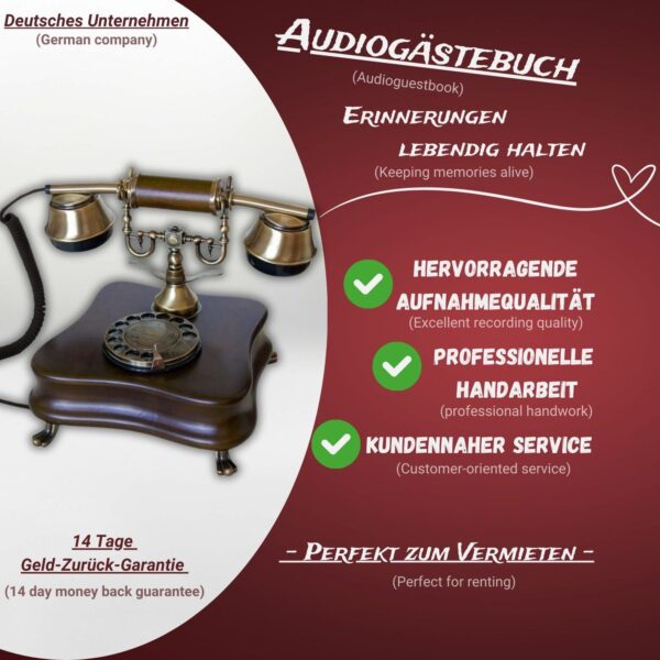 Infografik über ein Audiogästebuch aus Holz mit Vorteilen wie Aufnahmequalität und Handarbeit