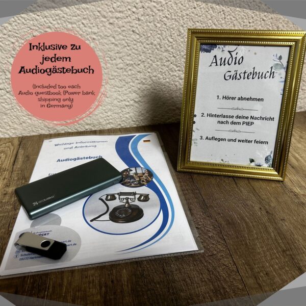 Lieferumfang Audiogästebuch mit Anleitung, Powerbank, USB-Stick und Aufsteller