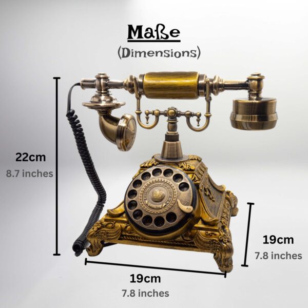 Maßgrafik des Retro-Audiogästebuchs in Gold mit Höhen- und Breitenangaben in cm und inch