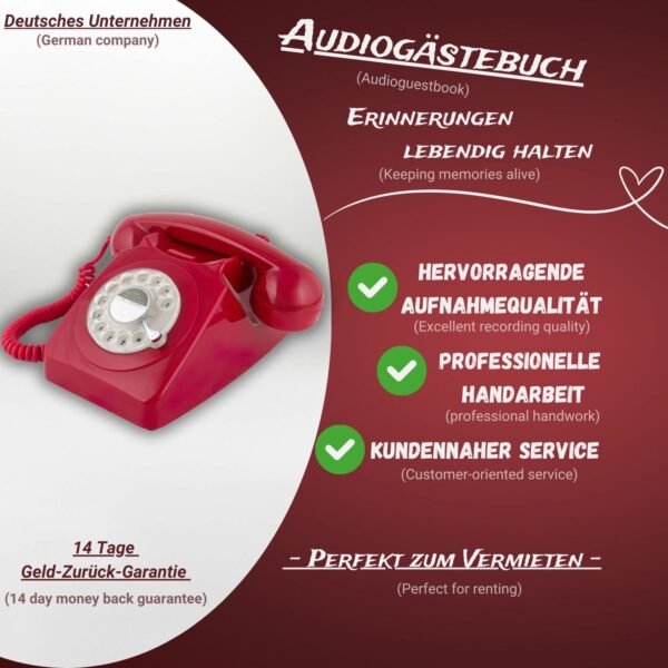 Rotes Audiogästebuch mit Infos zur Aufnahmequalität, Handarbeit und Service auf Werbegrafik
