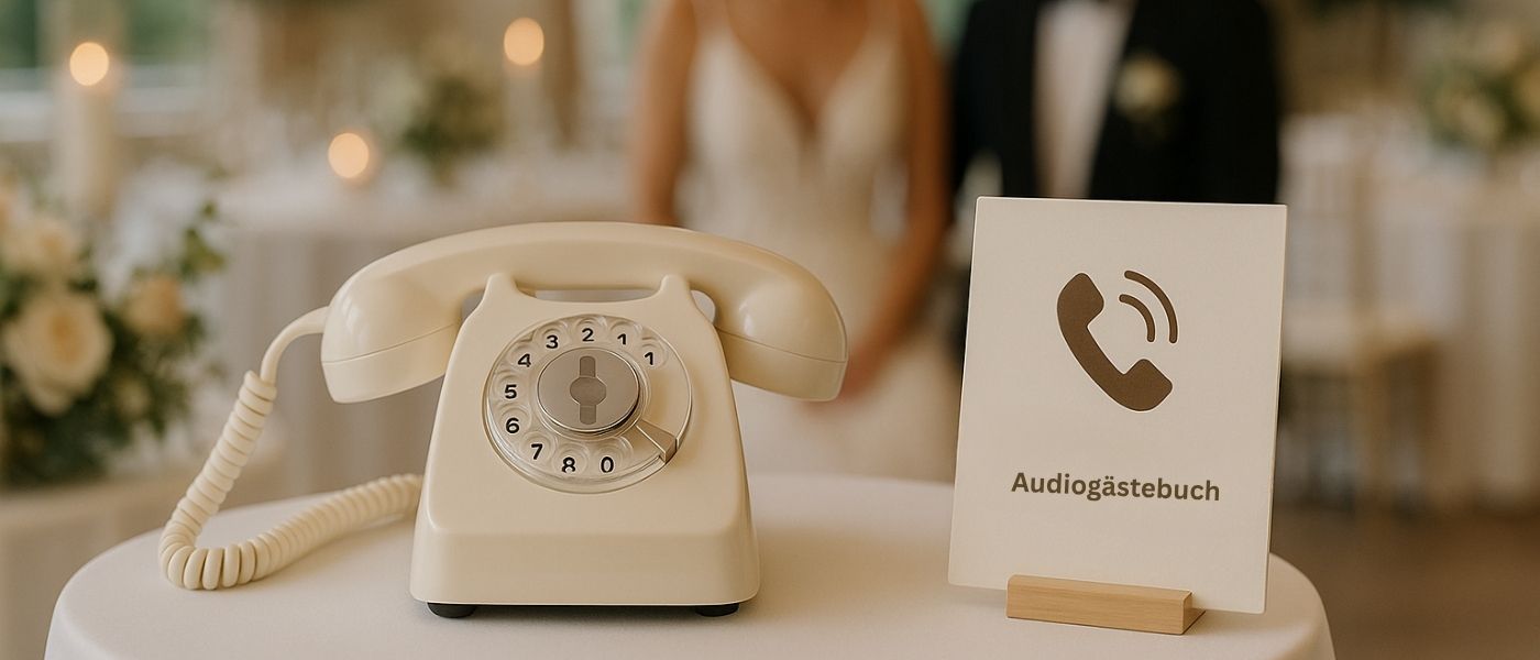 Vintage-Audiogästebuch auf Hochzeitstisch für Dienstleister